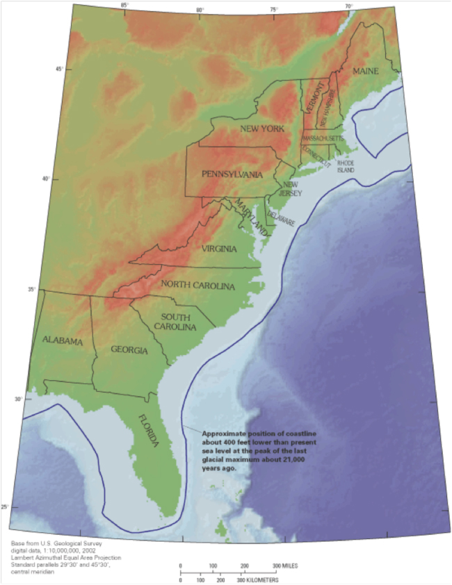 Approximate shoreline of the East Coast 21,000 years ago. Source: USGS, 2003.