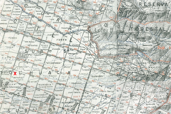 Detail from 1917 map of property owners in Malleco Province, Chile. Red “X” marks location of Fundo Ontario.