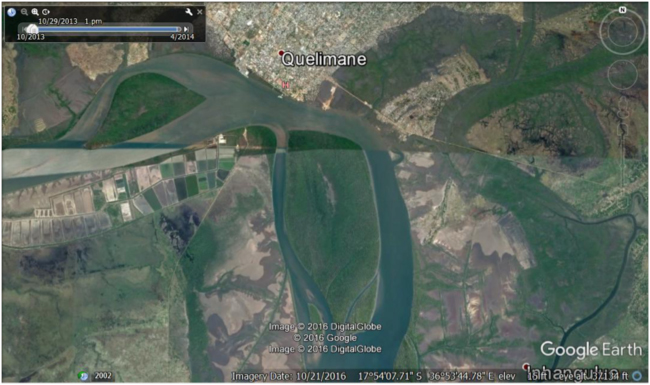 Google Earth view of intact and degraded mangroves near Quelimane, showing locations of Icidua and Mirazane. Image shows an area of approximately 12.8 km X 8.0 km.