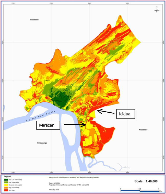 Climate vulnerability map for Quelimane Municipality from CCAP: Icidua and Mirazane are areas of “very high” vulnerability to climate change risks