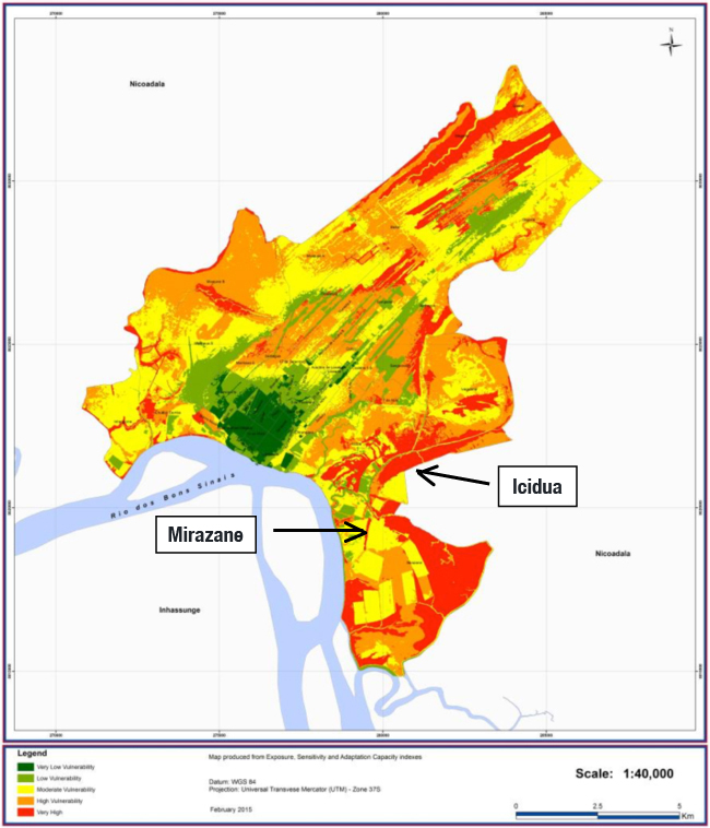 Climate vulnerability map for Quelimane Municipality from CCAP: Icidua and Mirazane are areas of “very high” vulnerability to climate change risks