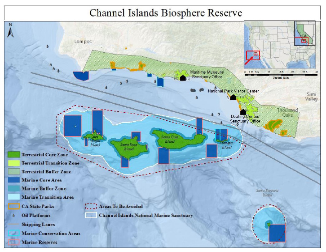 Current and proposed zones of the Channel Islands Biosphere Reserve.  Source: Channel Islands Biosphere Reserve Periodic Review, 2016, p. 18.