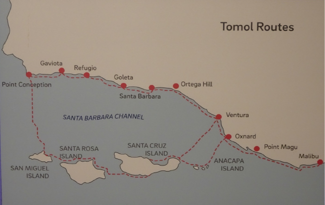 Tomol routes in the Chumash Channel (map courtesy of Santa Barbara Maritime Museum, photo by B. Byers)