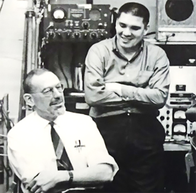 “No, those aren’t submarine farts!” William Schevill (left) and William Watkins, with laboratory equipment for recording and analyzing underwater sounds. Photo from New Bedford Whaling Museum.