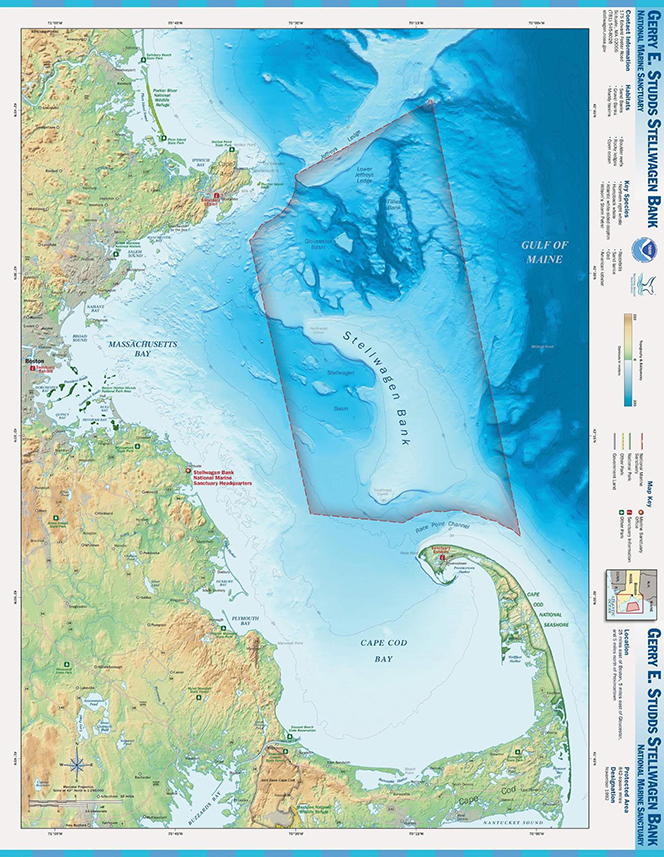 Stellwagen Bank and Cape Cod topographic map showing boundary of the National Marine Sanctuary