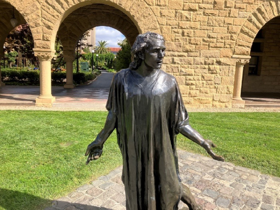 One of the “Burghers of Calais” from the group in Auguste Rodin’s 1889 sculpture, a casting of which stands in front of the Stanford Quad. This burgher is apparently reacting to the latest news about President Trump (“What the f___!”)