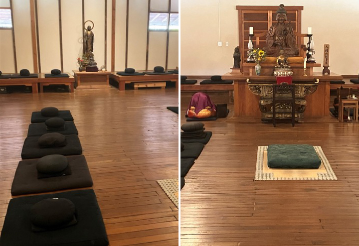 Green Gulch zendo, with its redwood floor of a former dairy barn, discussed in my essay “The Salmon Sermon.”